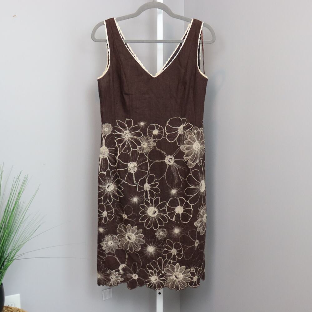 Kay Unger NY Linen Embroidered Dress Size 6 Boho Revival Garden Party